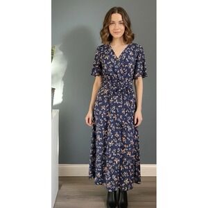 SHEIN Navy Blue Floral Print Wrap Midi Dress Flutter Sleeve Tie Waist Size‎ L